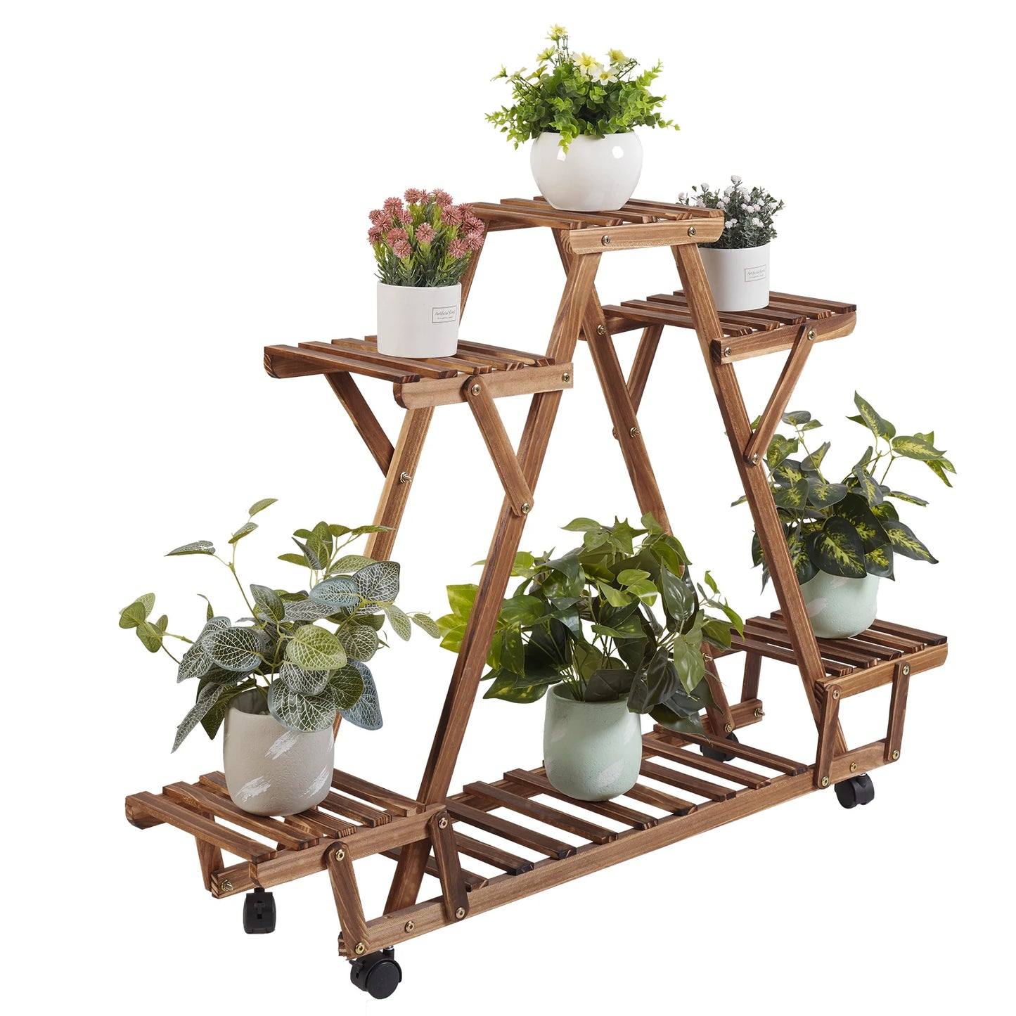 Triangular Wood Plant Display Storage with Wheels