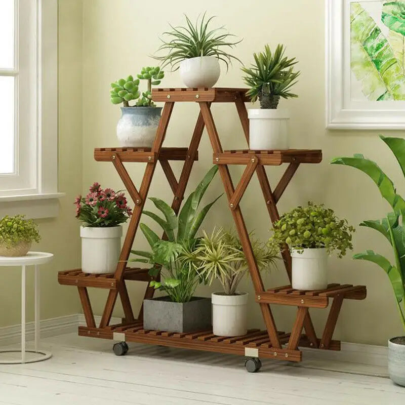 Triangular Wood Plant Display Storage with Wheels