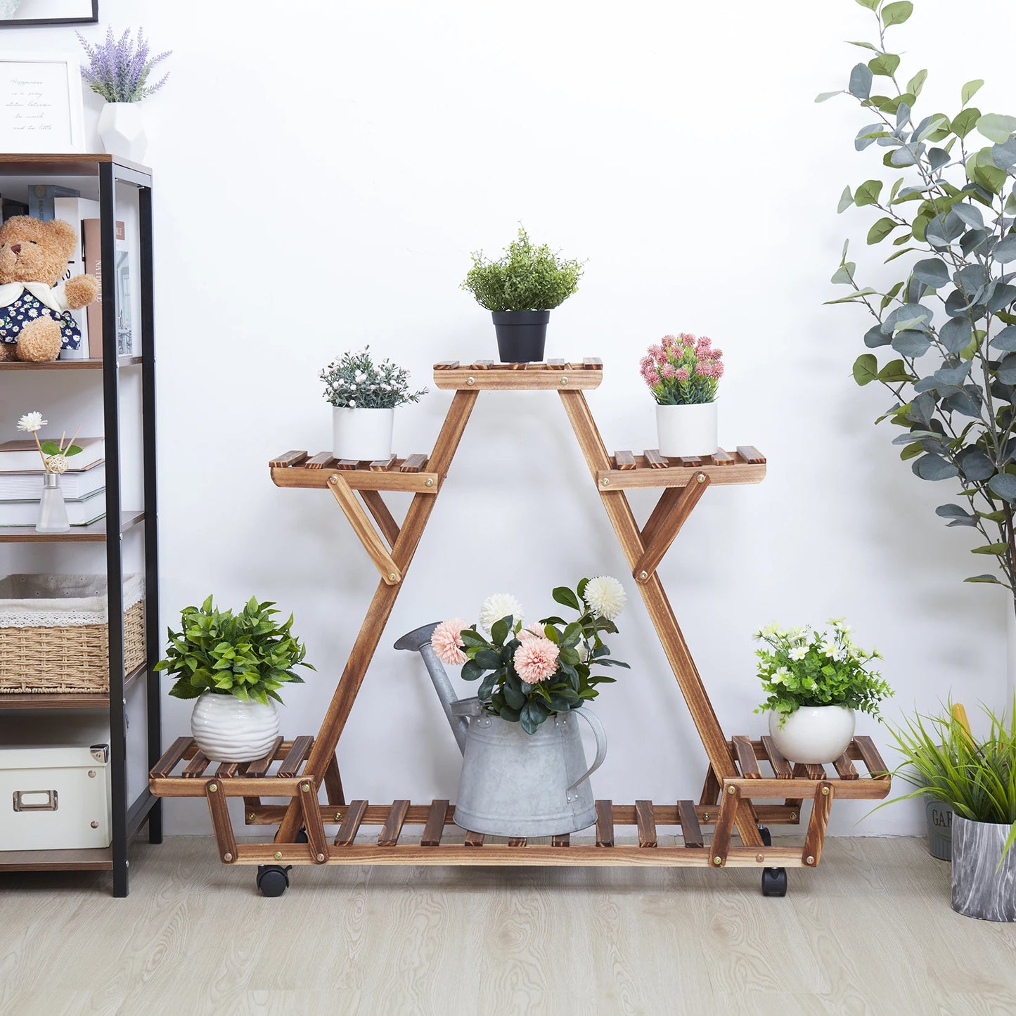 Triangular Wood Plant Display Storage with Wheels