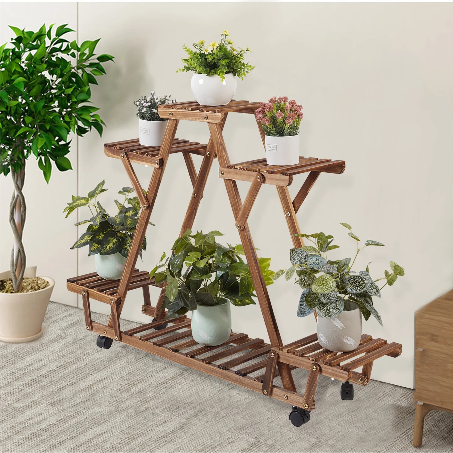 Triangular Wood Plant Display Storage with Wheels