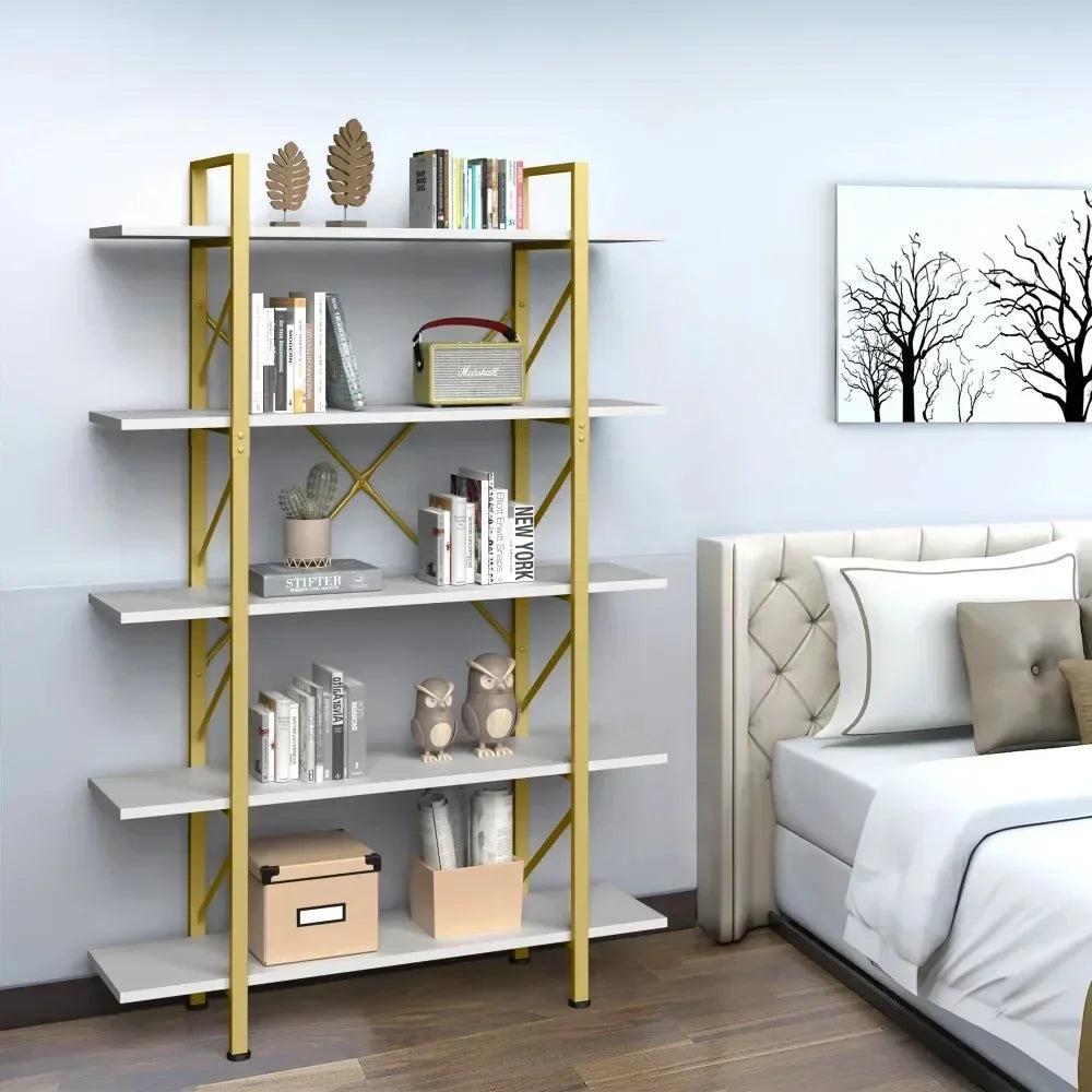 5-Tier Steel Book Shelves Gold & White