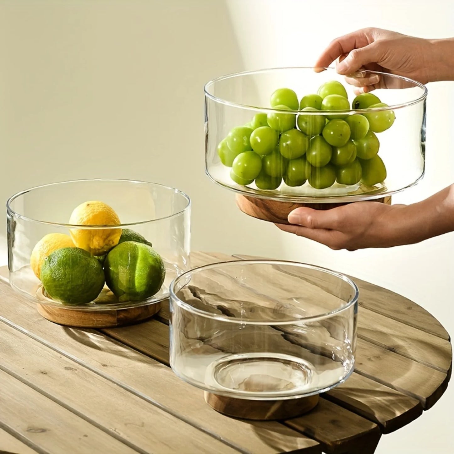 Elegant Glass Fruit Bowl with Wooden Pedestal