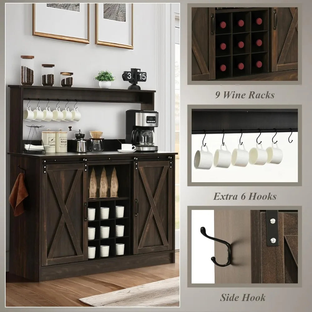 Coffee and Wine Bar with 6 Hooks Adjustable Shelves