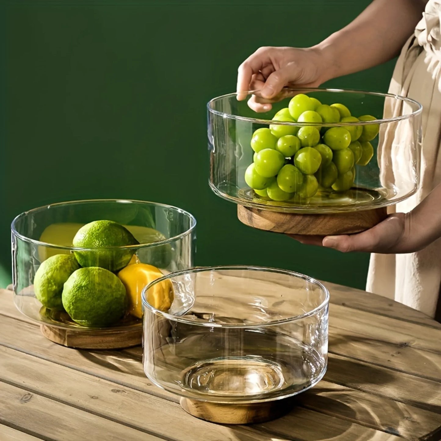Elegant Glass Fruit Bowl with Wooden Pedestal