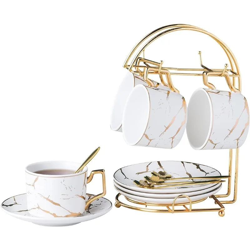 Ceramic Marble Tea/Coffee Cups with Spoons and Cup Holder