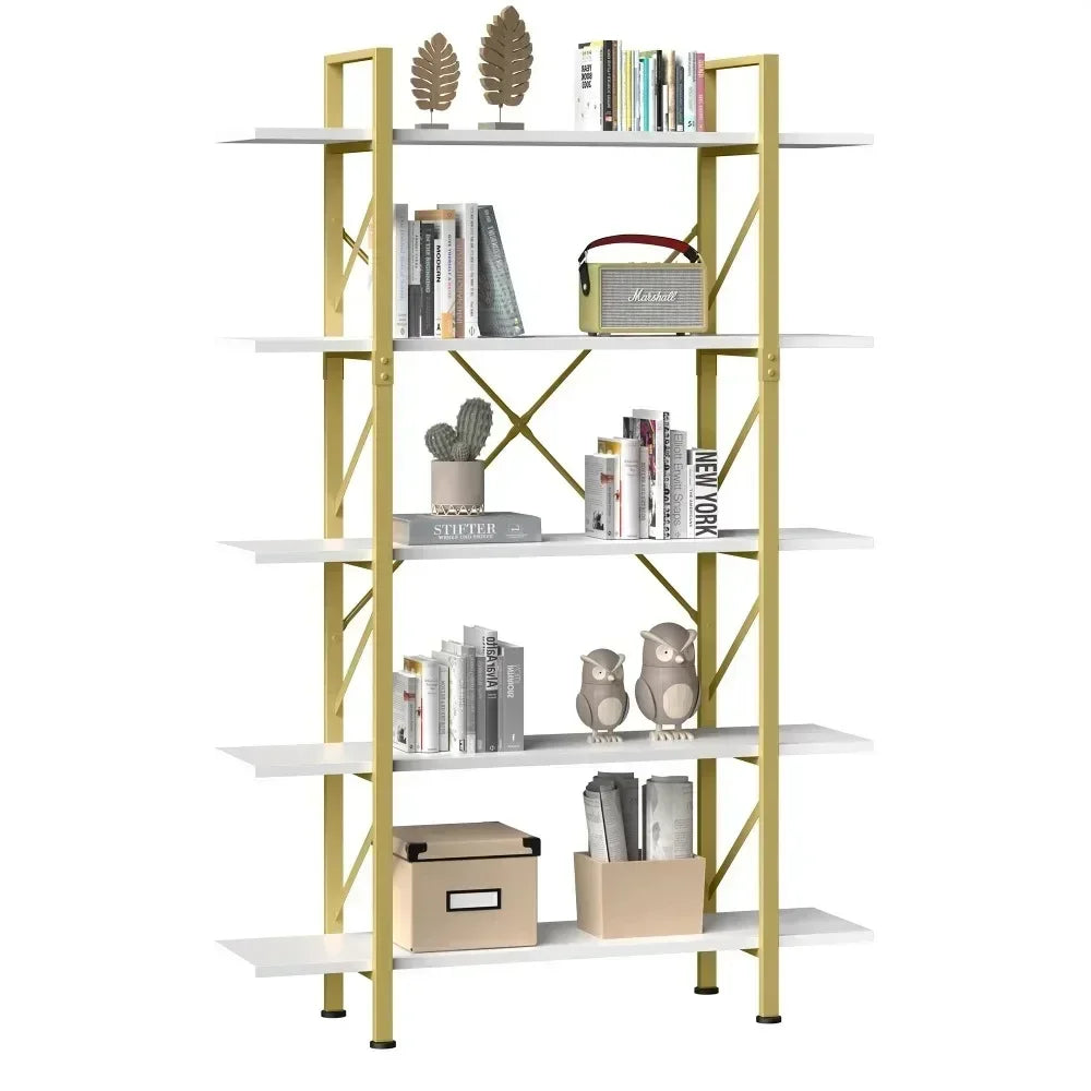 5-Tier Steel Book Shelves Gold & White