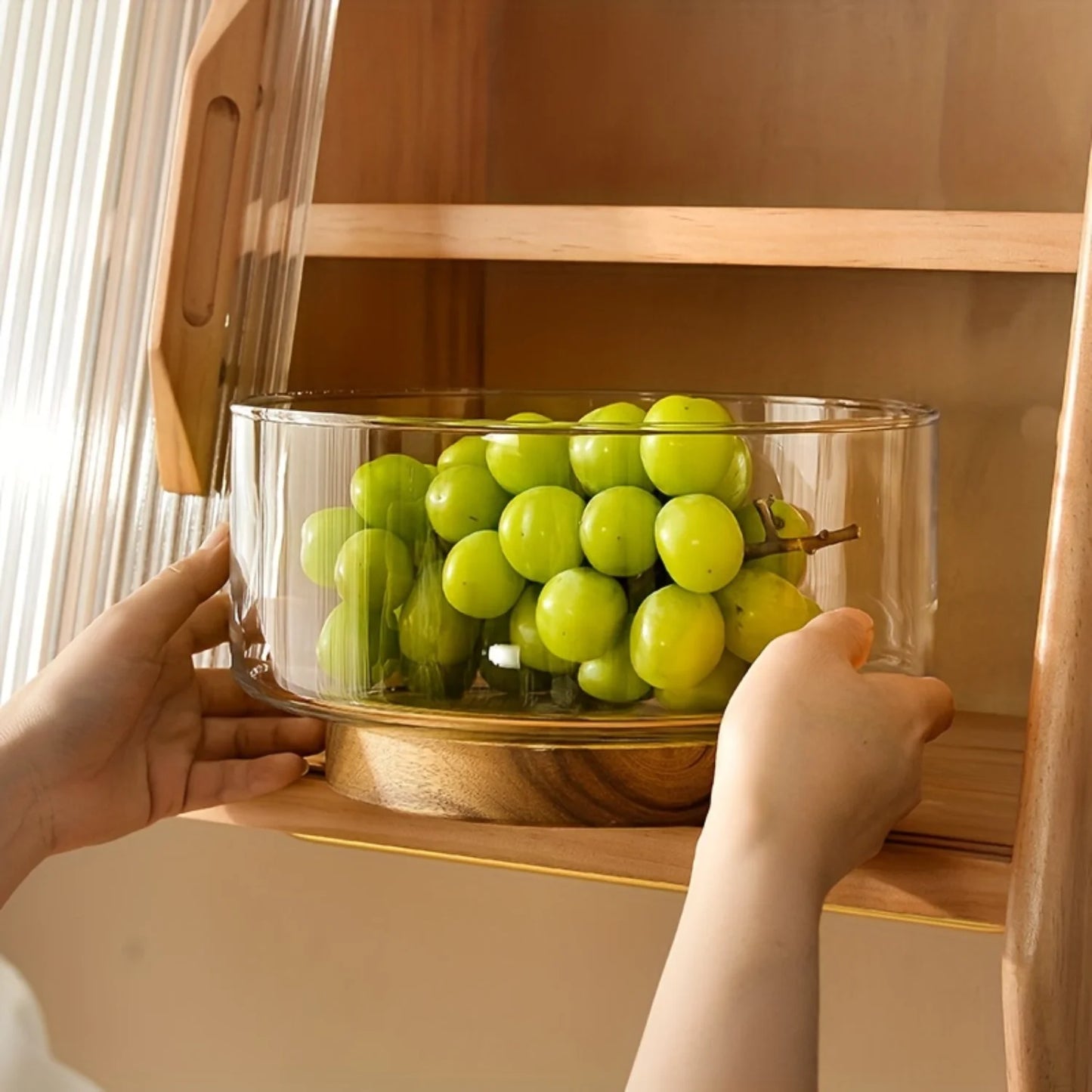 Elegant Glass Fruit Bowl with Wooden Pedestal