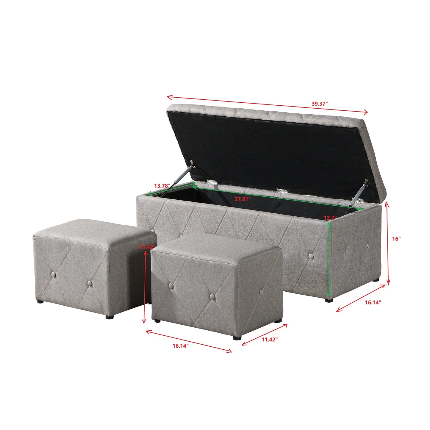3 Piece Velvet Ottomans with Rectangular Storage