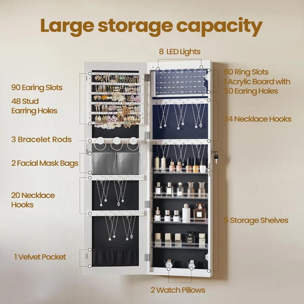 8 LEDs Mirror Jewelry Organizer, Wall/Door Mount Lockable