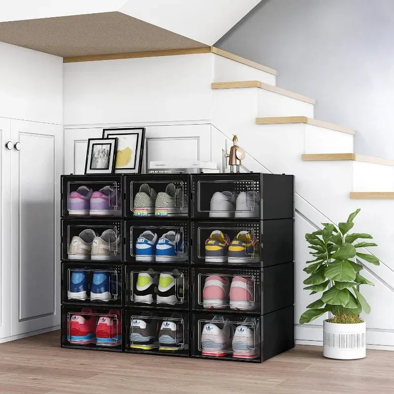 12 Pack Shoe Organizer Boxes Black Plastic