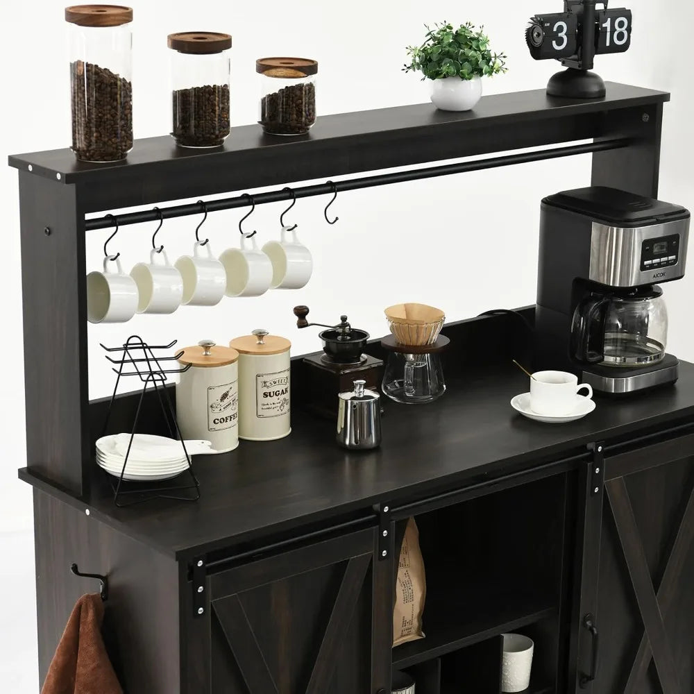 Coffee and Wine Bar with 6 Hooks Adjustable Shelves