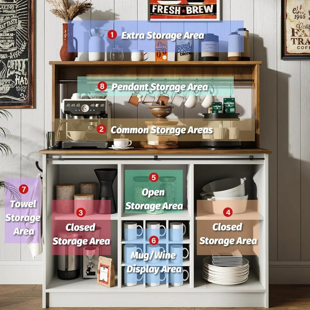 Coffee and Wine Bar with 6 Hooks Adjustable Shelves