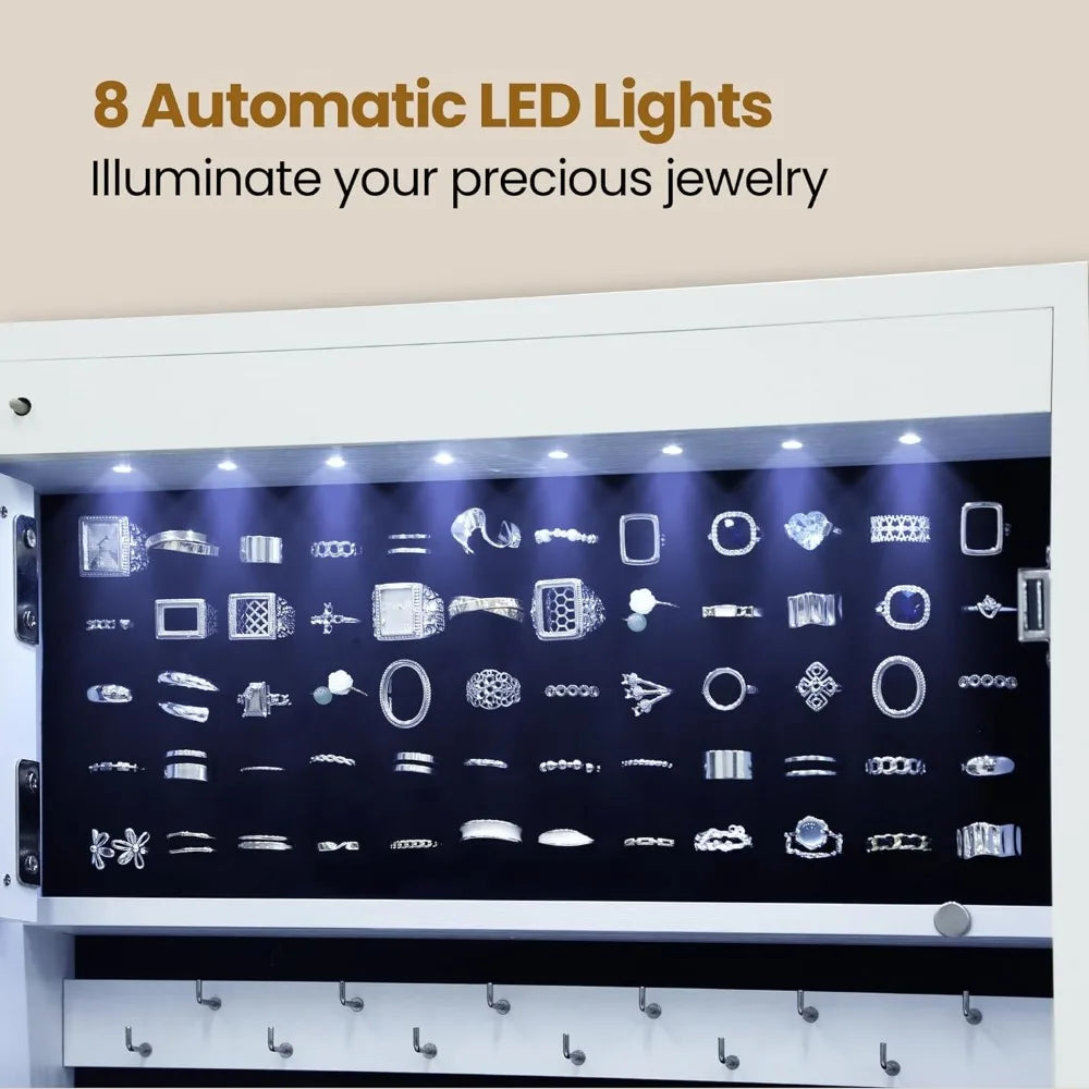 8 LEDs Mirror Jewelry Organizer, Wall/Door Mount Lockable