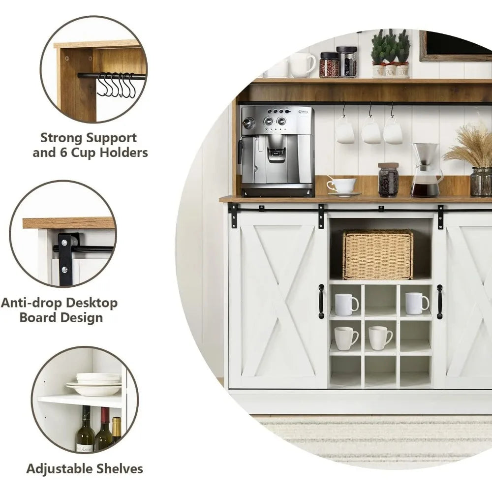 Coffee and Wine Bar with 6 Hooks Adjustable Shelves