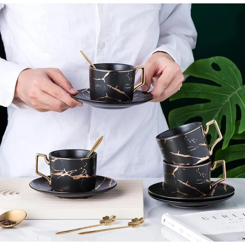 Ceramic Marble Tea/Coffee Cups with Spoons and Cup Holder