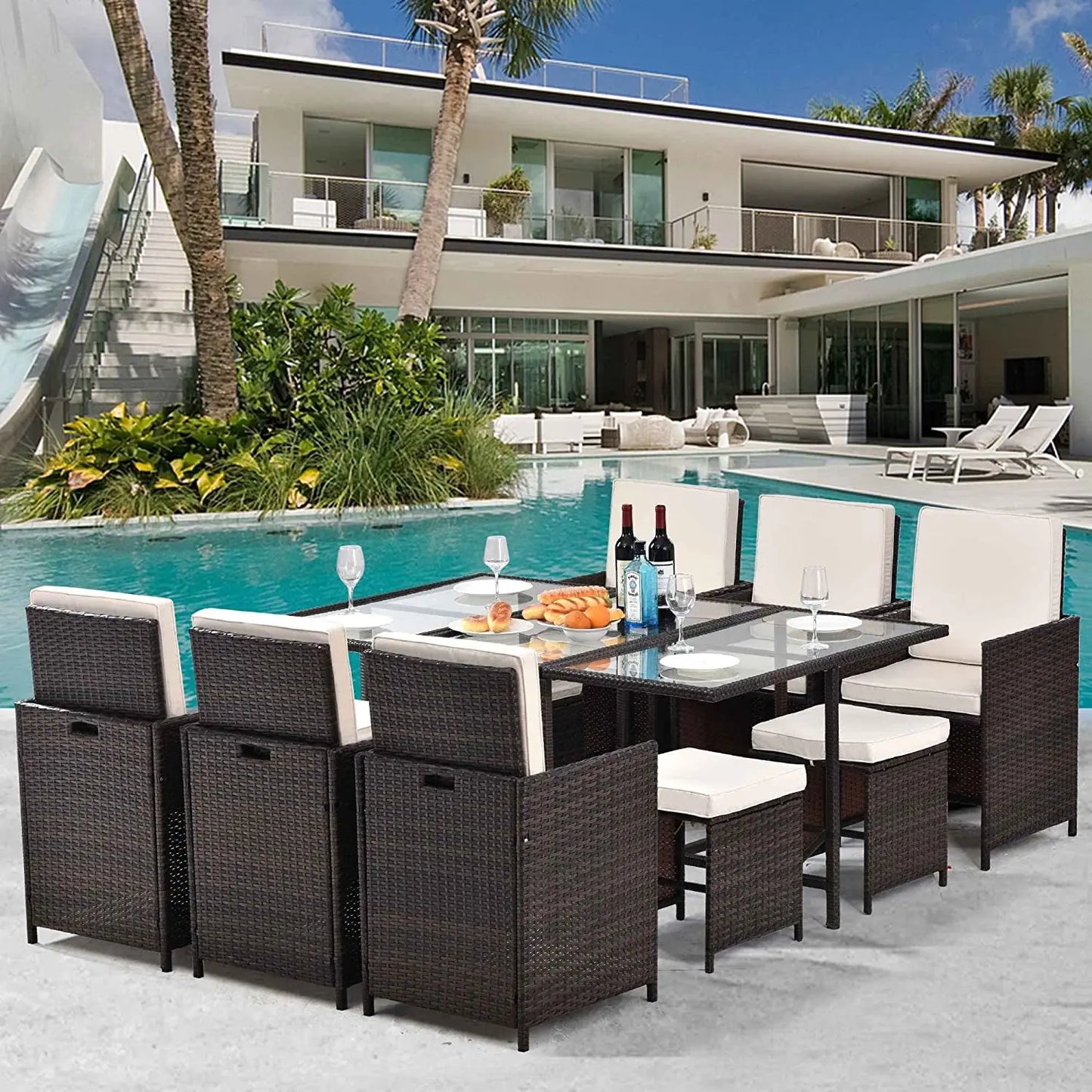 Rattan Cushioned Chairs with Glass Table Furniture