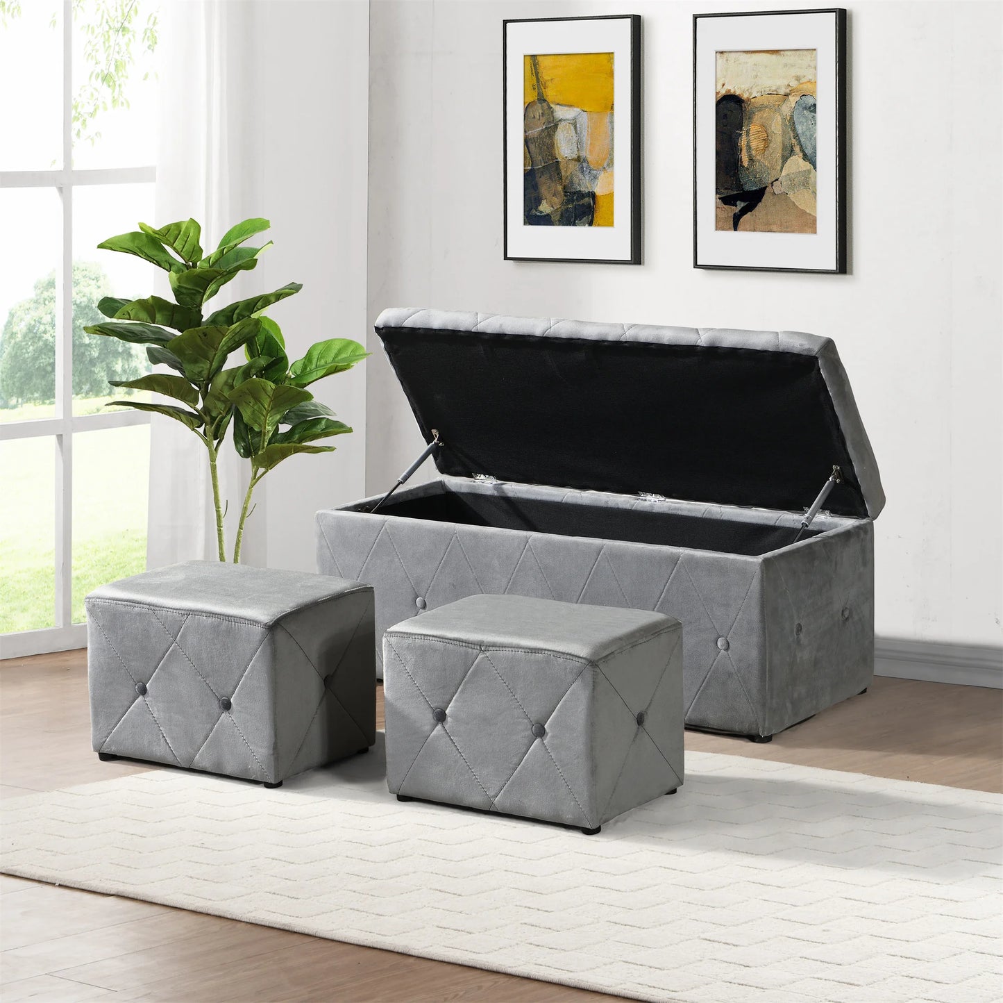 3 Piece Velvet Ottomans with Rectangular Storage