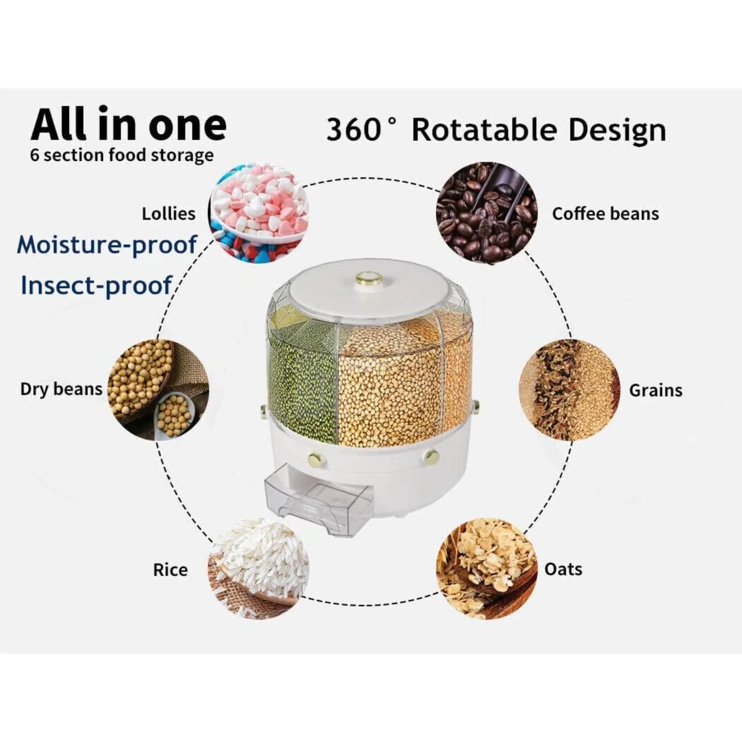 Rotatable 6 Grid Round Rice & Grain Dispenser