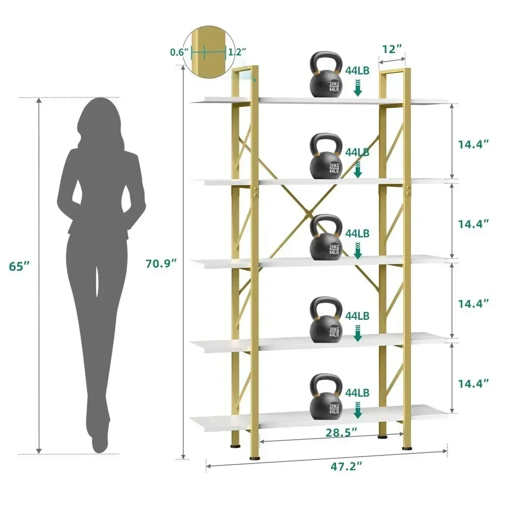 5-Tier Steel Book Shelves Gold & White