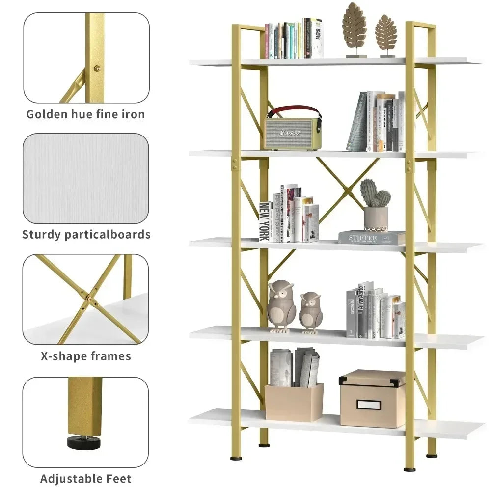 5-Tier Steel Book Shelves Gold & White