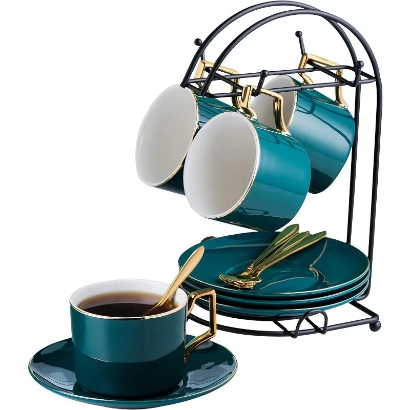 Ceramic Marble Tea/Coffee Cups with Spoons and Cup Holder