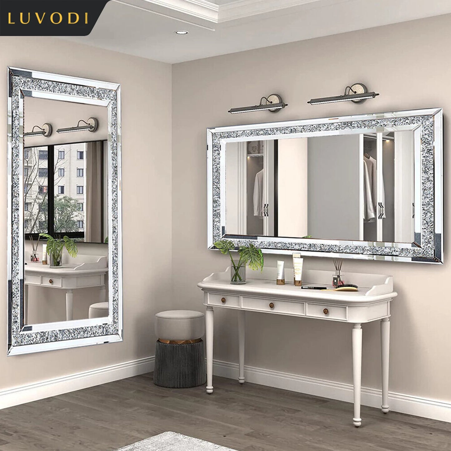 Large Crystal Rhinestone Frameless Wall Mounted Mirror