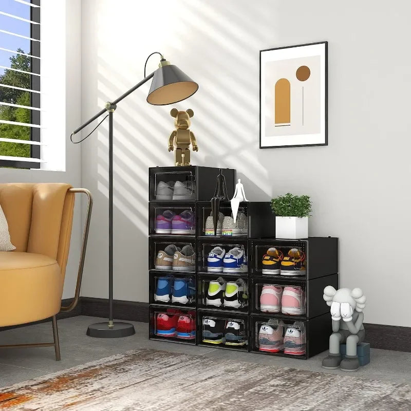12 Pack Shoe Organizer Boxes Black Plastic