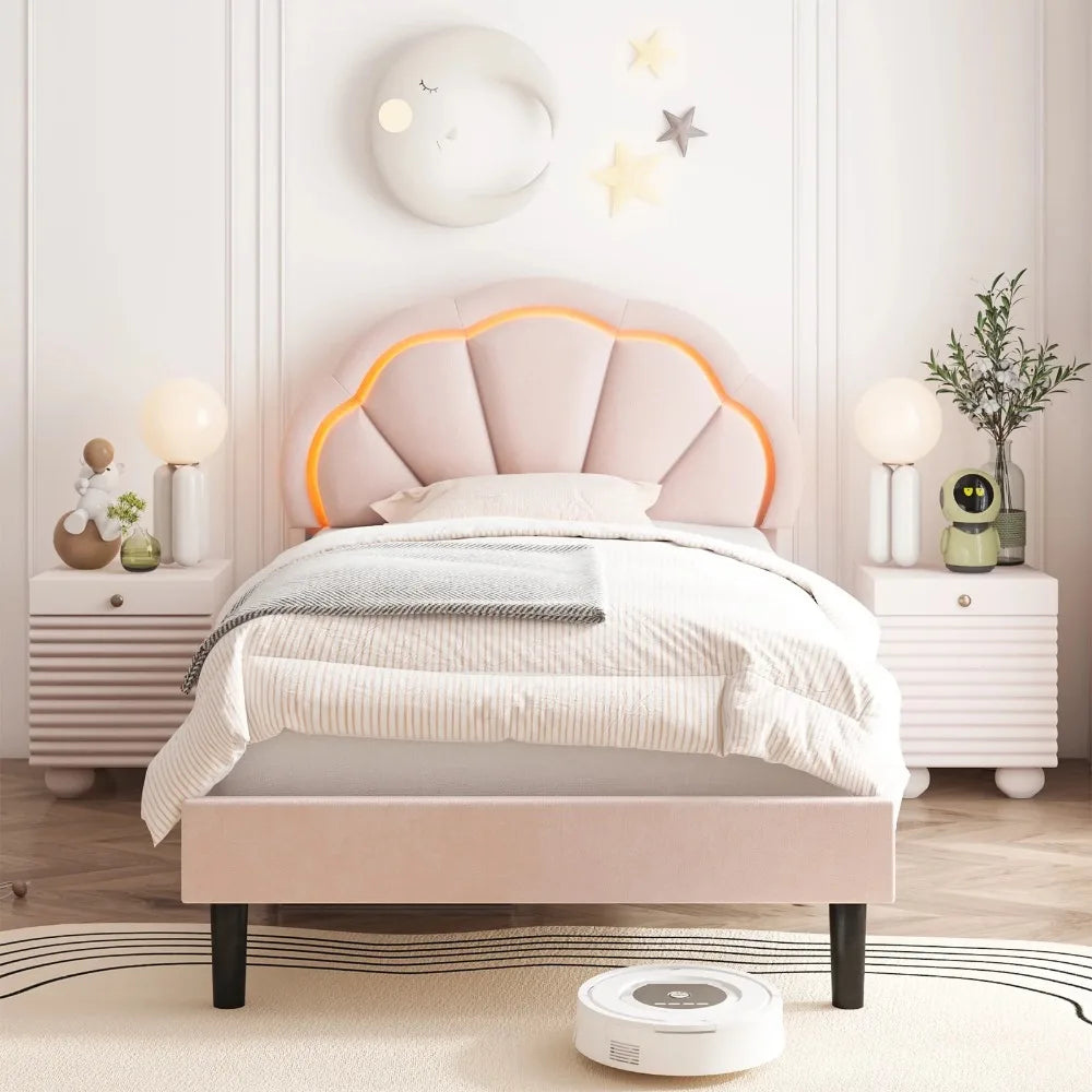 LED Frame Pink Seashell Velvet Bed